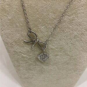 Silver-Tone Plated Bow and Heart Pendant Necklace with Swarovski Crystals New